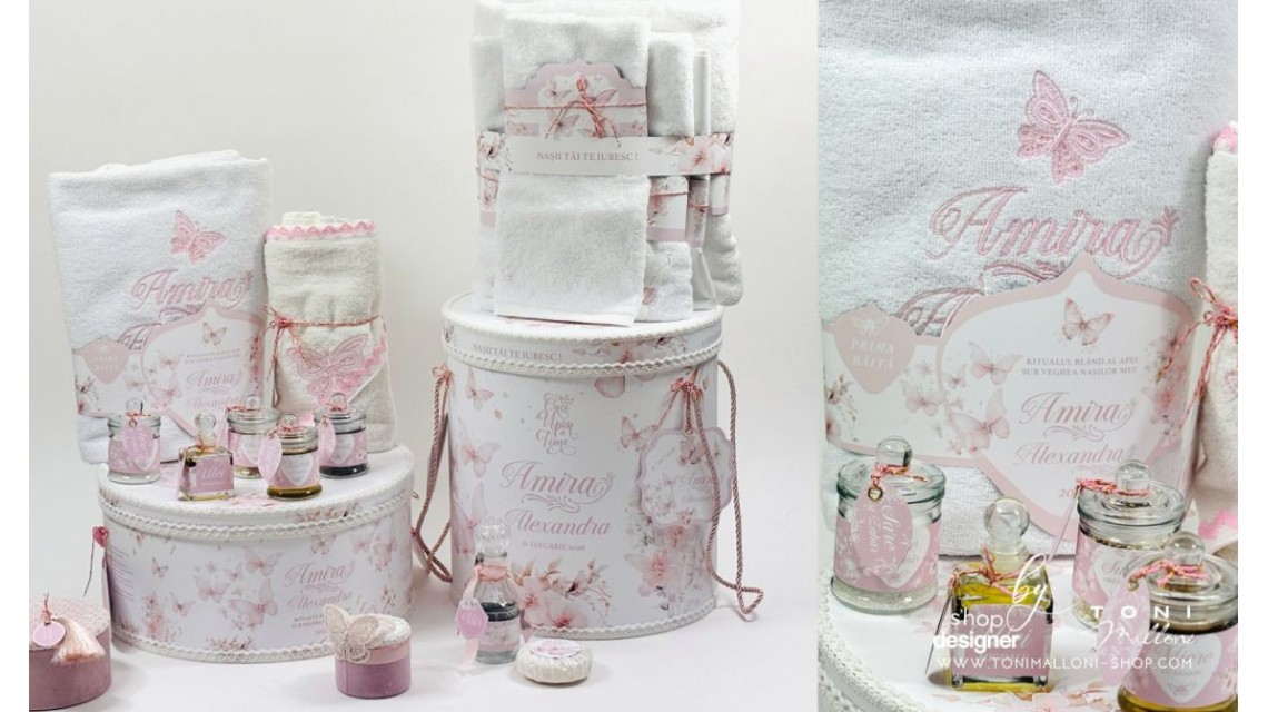 Set prima băiță cu nasii dupa botez cu fluturi roz Pink Butterfly Ritualul blând al apei pentru fetițe 20